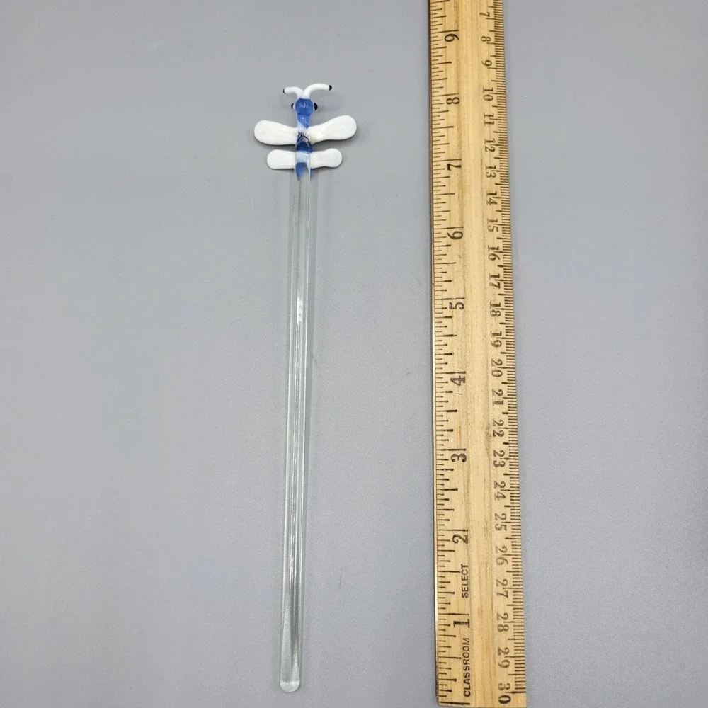 Set Of 4 Glass Stir Sticks Butterfly Dragonfly Retro Bar Swizzle Art Glass